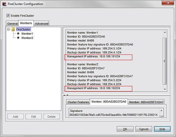 Screenshot of the FireCluster Configuration dialog box.