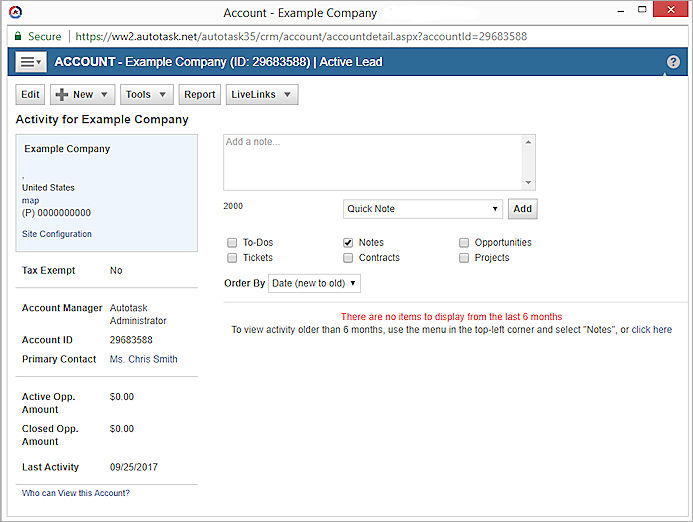 Screen shot of the Autotask Account page