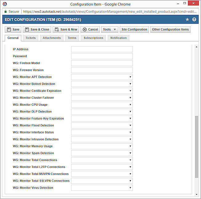 Screen shot of the Autotask Configuration Item page