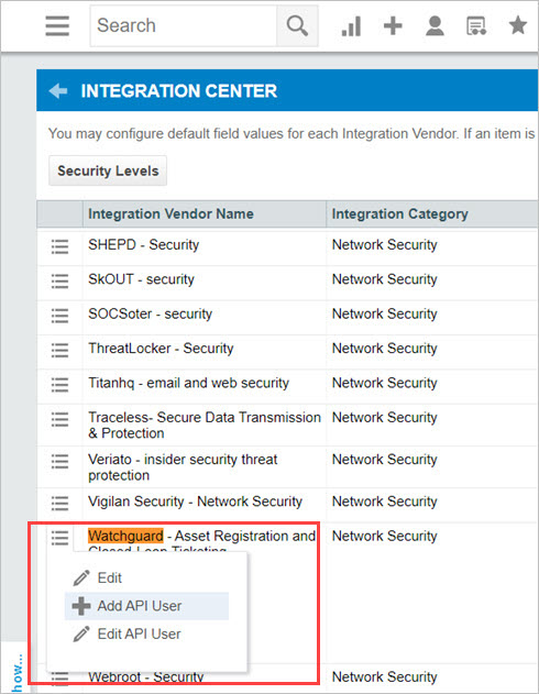 Screen shot of the Integration Center page in Autotask