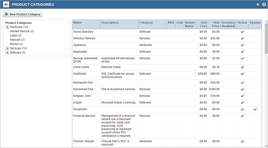 Screen shot of the Product Categories page in Autotask