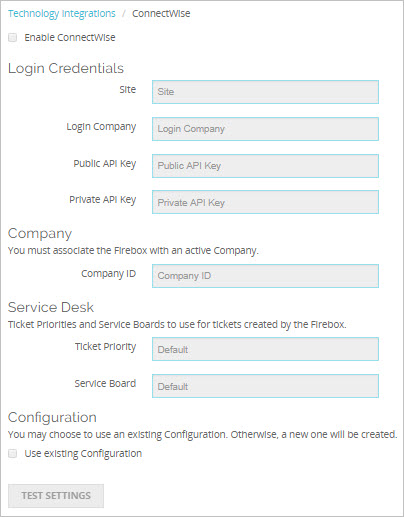 Screen shot of ConnectWise Firebox integration page in Fireware Web UI