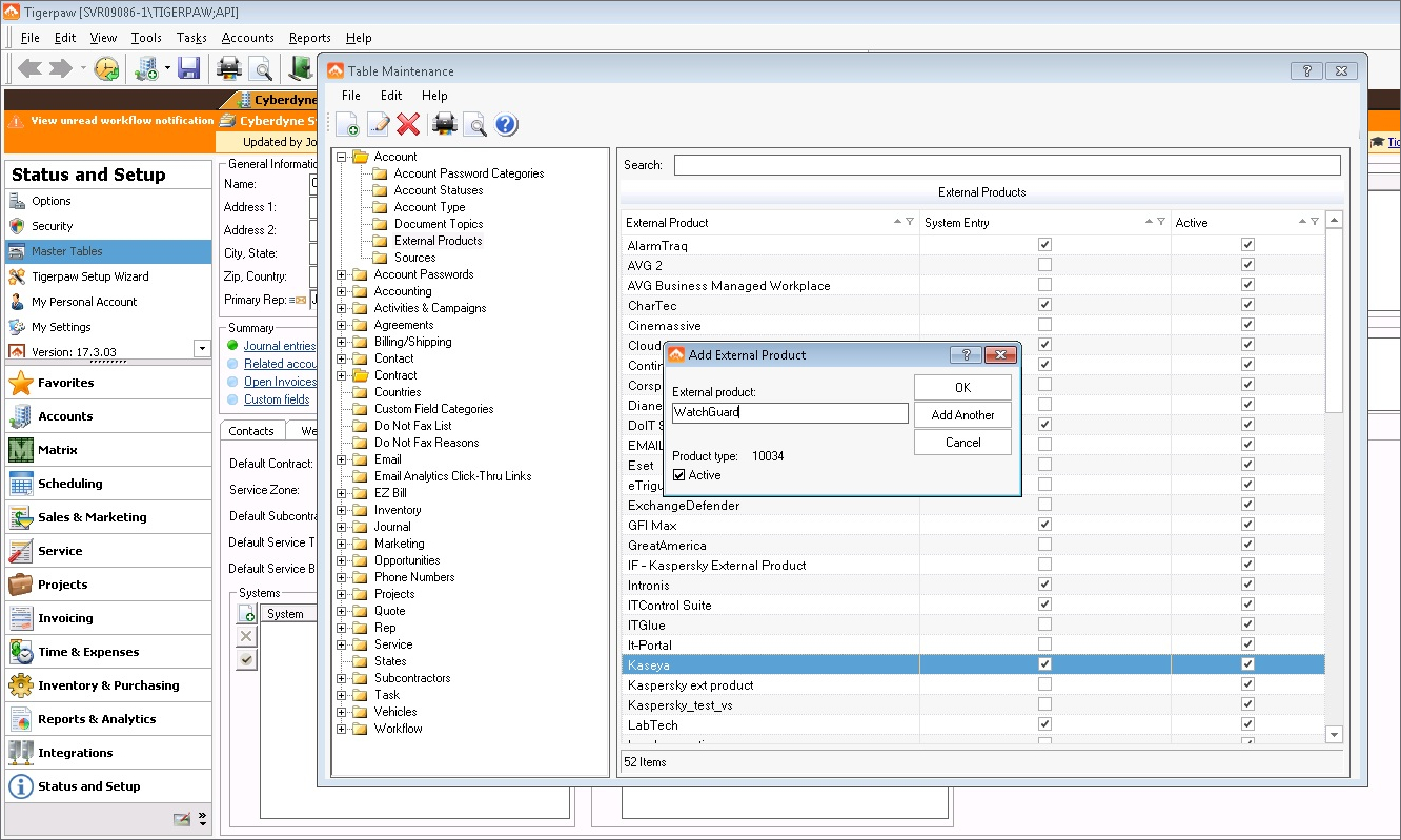 Screen shot of the Master Tables maintenance window adding an External Product