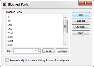 Screen shot of the Blocked Ports dialog box