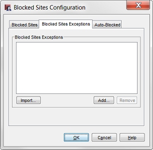 Screen shot of the Blocked Sites Configuration dialog box - Blocked Sites Exceptions tab