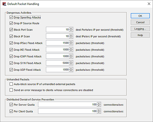 Screen shot of the Default Packet Handling dialog box