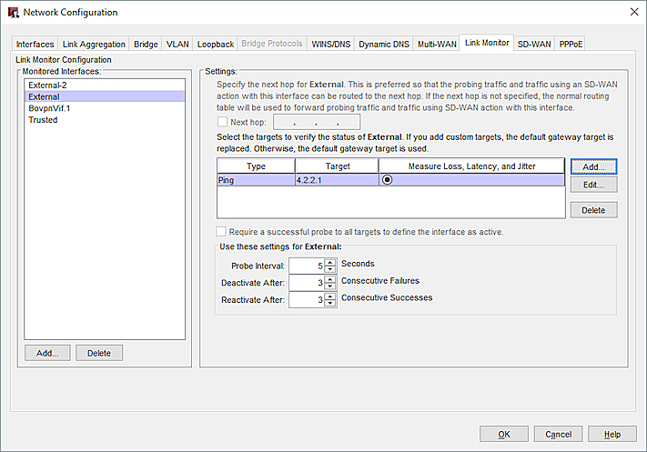 Screen shot of the Link Monitor settings for an external interface