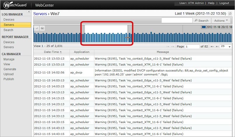 Screen shot of the Log Frequency Graph Zoom tool on the LOG MANAGER > Servers page