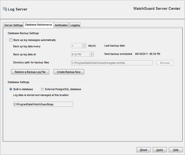 Screen shot of the Log Server Database Maintenance page