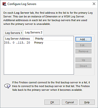 Screen shot of the Log Servers 2 tab