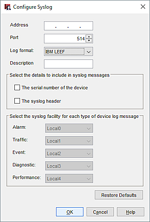 Screen shot of the Configure Syslog dialog box for IBM LEEF log format