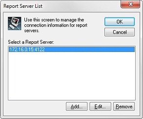 Screen shot of the Report Server List dialog box
