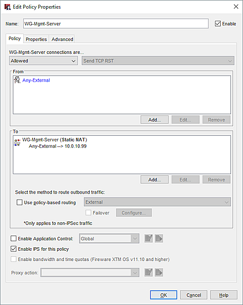 Screen shot of the Edit Policy Properties dialog box for the WG-Mgmt-Server policy