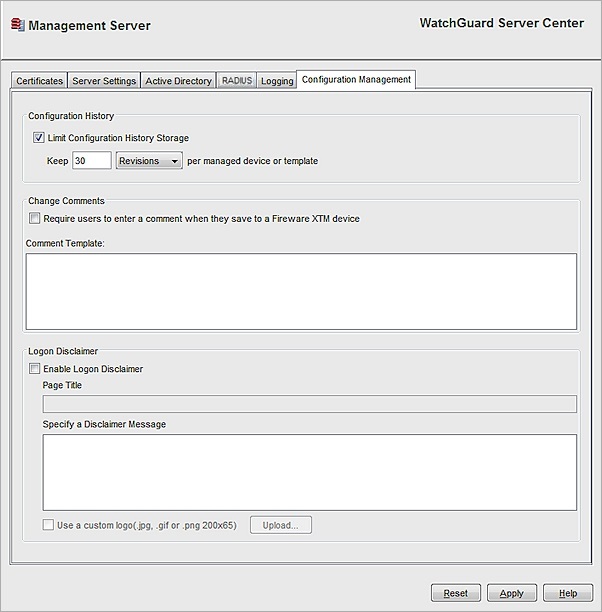Screen shot of the Management Server page, Configuration Management tab
