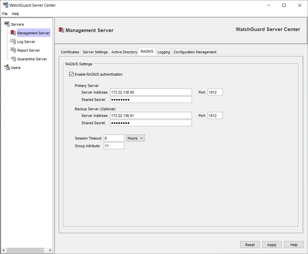 Screen shot of the Management Server RADIUS configuration