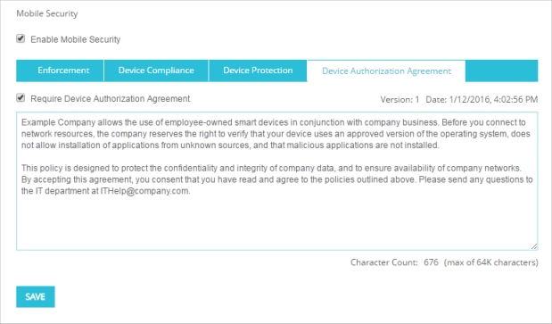 Screen shot of the Mobile Security Device Protection Agreement tab