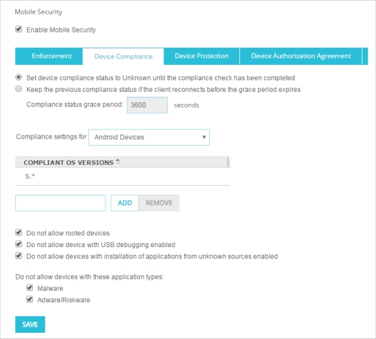Screen shot of the Device Compliance tab,with Android compliance settings