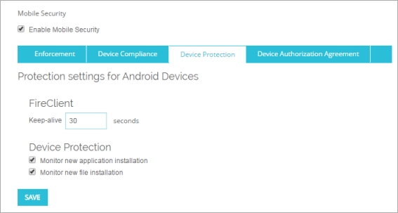 Screen shot of the Mobile Security Device Protection tab