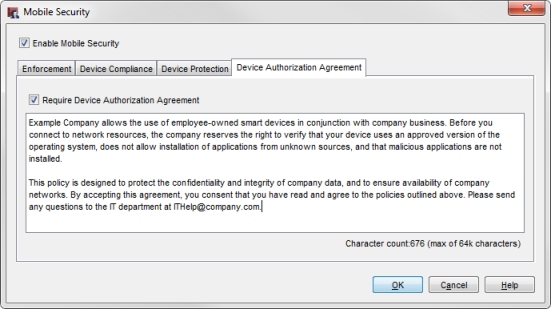 Screen shot of the Mobile Security Device Authorization Agreement tab