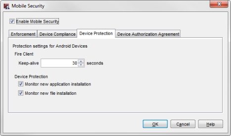 Screen shot of the Mobile Security Device Protection tab