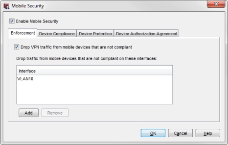 Screen shot of the Mobile Security dialog box in Policy Manager with VLAN10 in the Interfaces tab
