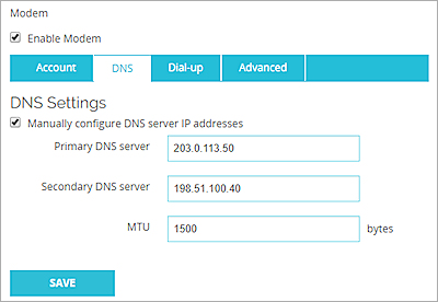 Screen shot of the Modem failover DNS Settings