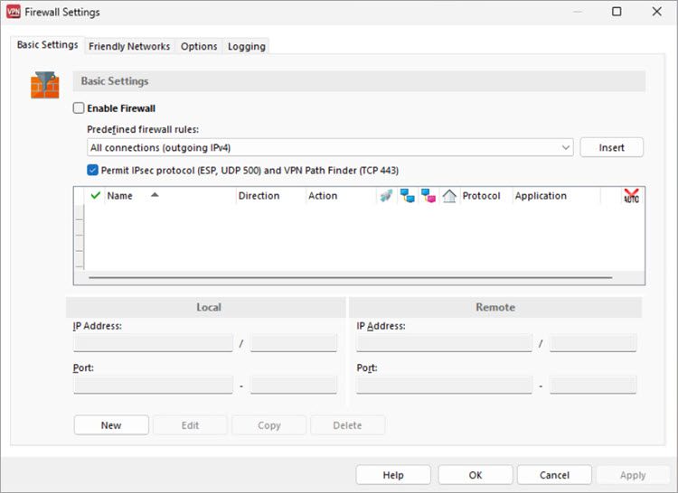 Screen shot of the Firewall Settings dialog box
