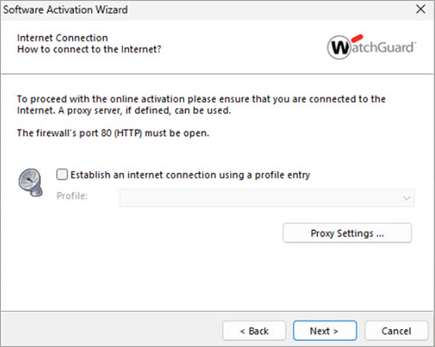 Screen shot of the Software Activation Wizard, Internet Connection step