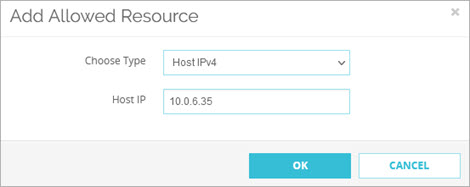 Screen shot of the Add Allowed Resource dialog box for a Host IP address