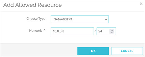 Screen shot of the Add Allowed Resource dialog box for a Network IP address