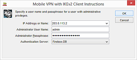 Screenshot of mvpn with IKEv2 client instructions dialog box