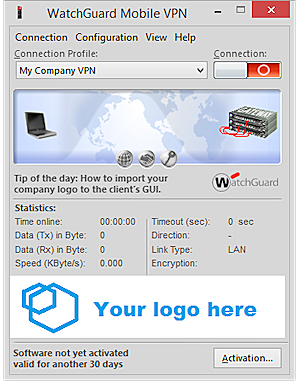 Screen shot of the VPN client with a customized logo
