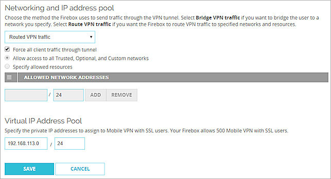 Screenshot of the Mobile VPN with SSLVPN General tab, Networking and IP address pool settings