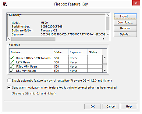 Firebox Feature Key dialog box showing VPN features