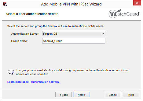 Screen shot of the Select a user authentication server wizard dialog box