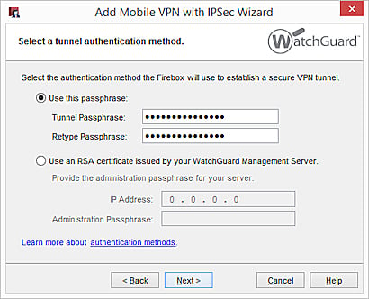 Screen shot of the Select a tunnel authentication method wizard dialog box