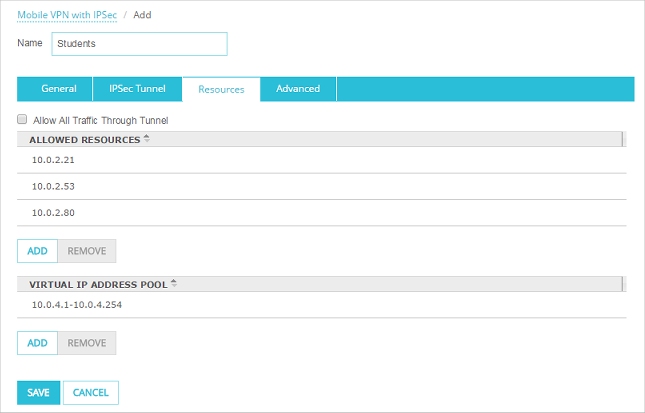 Screen shot of the Resources tab configured for Students