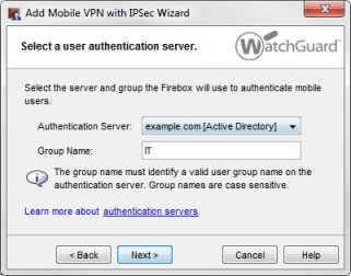 Screen shot of the Add Mobile VPN with IPSec Wizard, with the authentication and group name specified