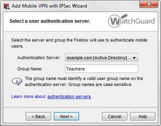Screen shot of the Add Mobile VPN with IPSec Wizard, with the authentication and group name specified