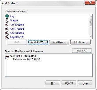 Screen shot of the Add Address dialog box, with a static NAT action added