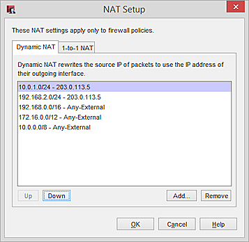 Screen shot of the NAT Setup dialog box - Dynamic NAT tab