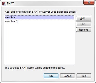 Screen shot of the SNAT dialog box with an SNAT action selected