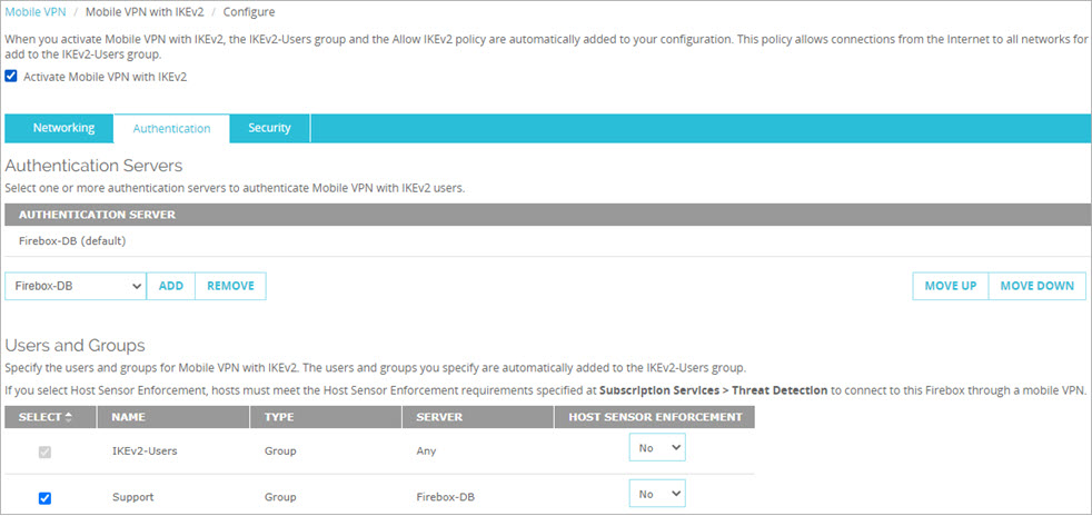 Screen shot of the users and group configured for Mobile VPN with IKEv2
