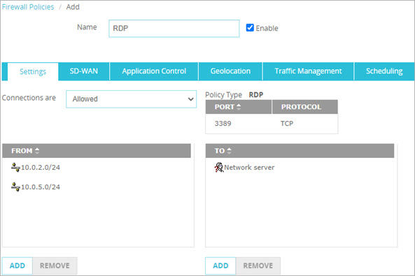 Screen shot of a RDP policy that allows TCP port 3389 traffic from two internal networks to a network server