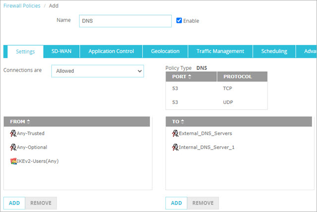 Screen shot of a policy that allows DNS traffic from Mobile VPN with IKEv2 users, and users on the internal and optional networks, to external DNS servers
