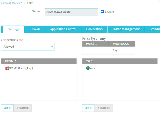 Screen shot of a policy that allows all traffic from Mobile VPN with IKEv2 users to any resource