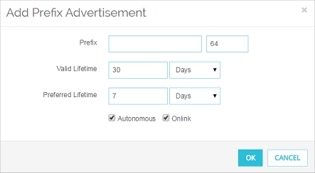 Screen shot of the Add Prefix Advertisement dialog box in the Web UI