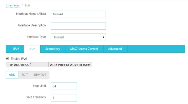 Screen shot of the IPv6 settings for a trusted interface in the Web UI