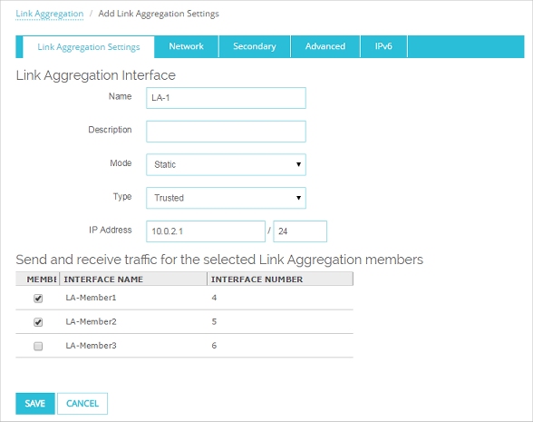 Screen shot of the Link Aggregation Settings for a link aggregation interface