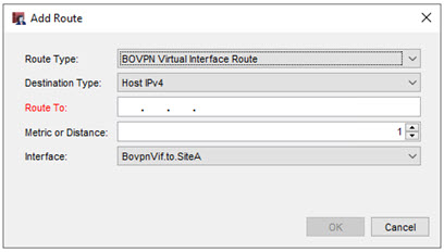 Screen shot of the Add Route dialog box for a BOVPN Virtual Interface Route